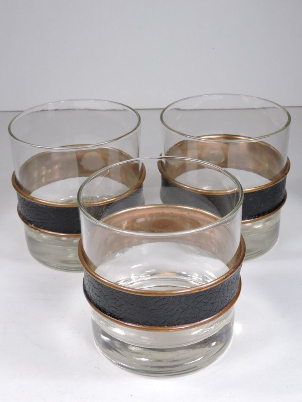 3 Leather Wrapped Copper Banded Whiskey Glasses